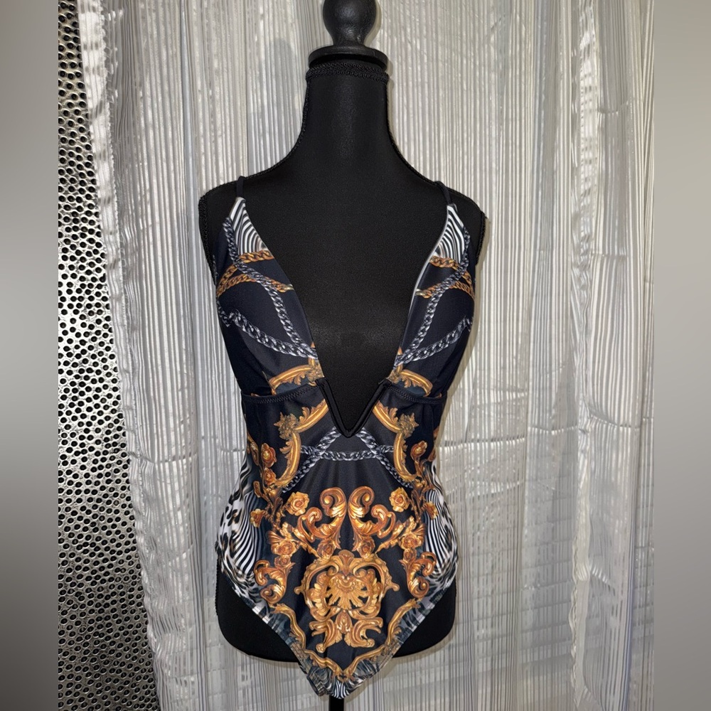 Elegant Black and Gold Women's one piece bikini with coverup